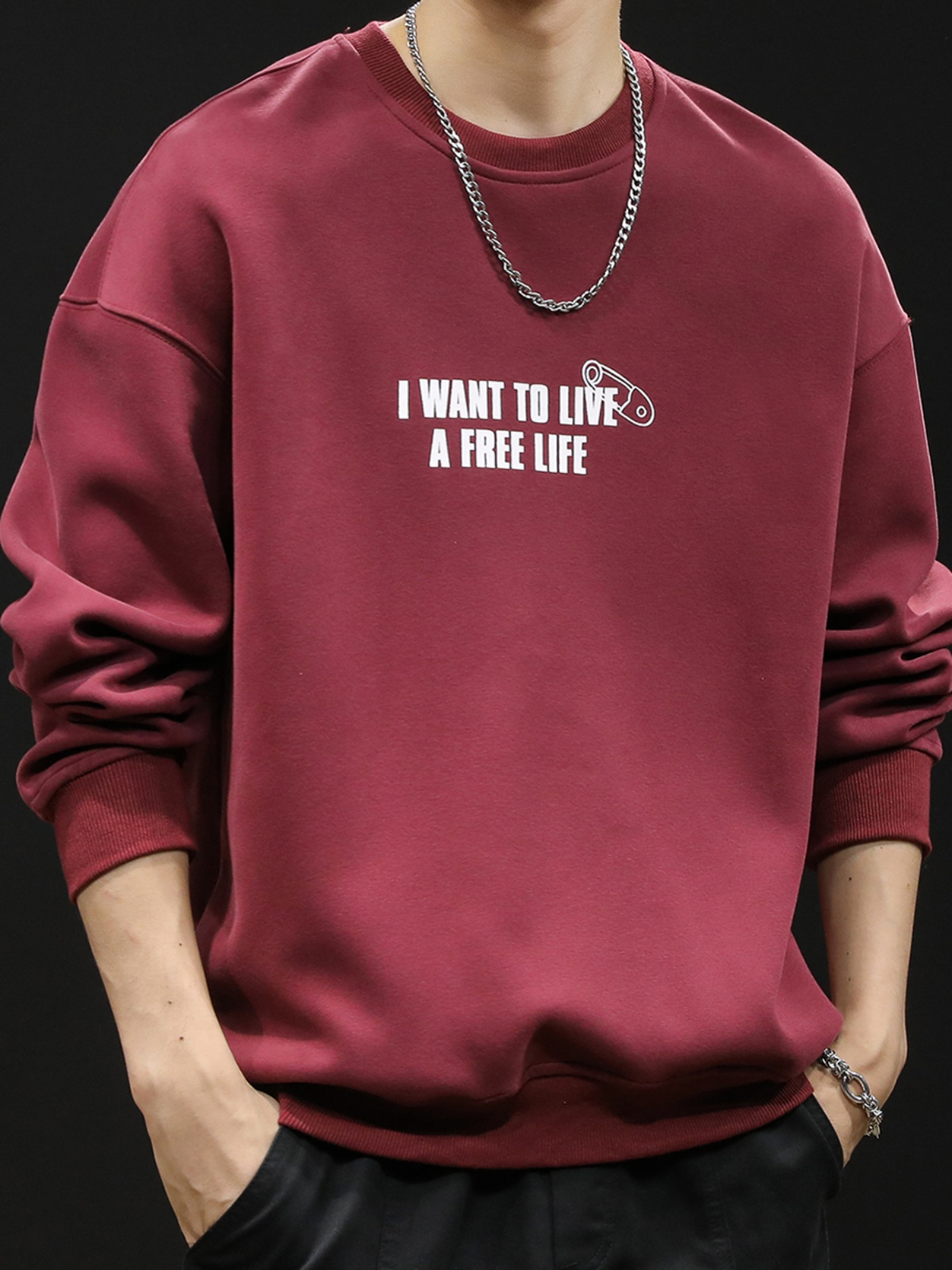 潮牌重磅卫衣男士春秋款圆领男款酒红色衣服春季2024新款长袖大码