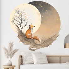 创意狐狸月亮森林大树风景墙贴客厅卧室沙发背景玄关装饰墙纸自粘