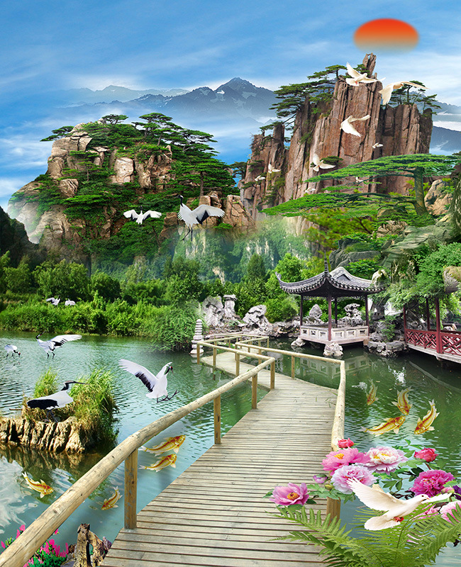 主直播背景布3d立体户外山水竹林室外风景立体装饰墙快手yy背景墙