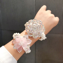 韩国东大门新款手工珍珠花朵水晶发绳手链两用发圈扎头发皮筋发饰
