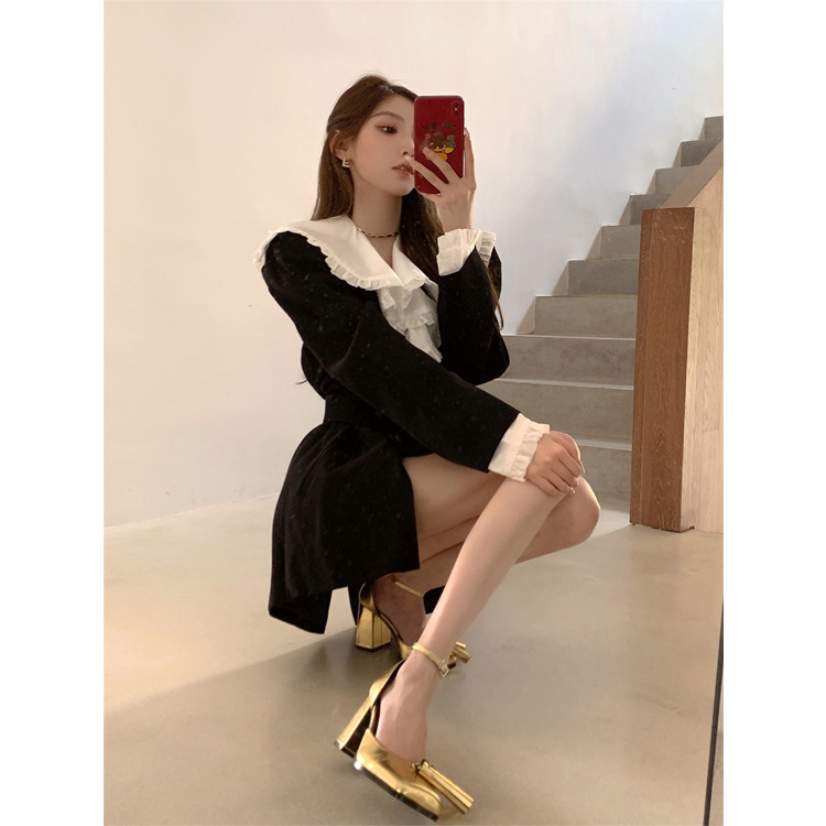 潘宁static 荷叶边复古翻领黑色西装外套女秋季设计感西服西装裙