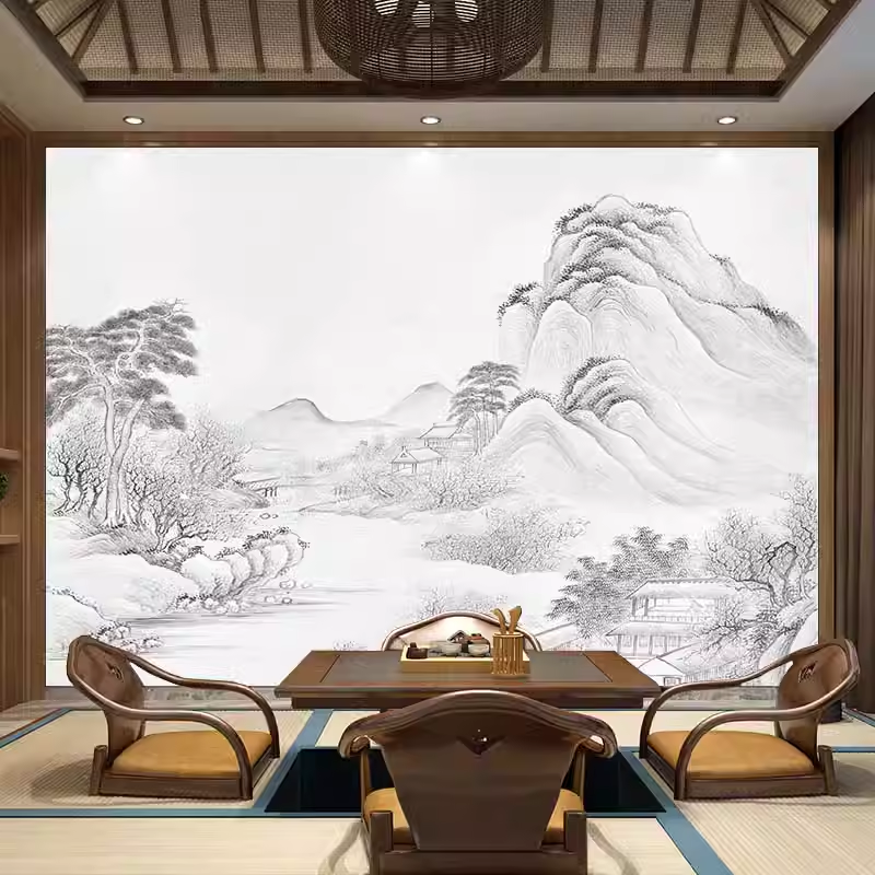 新中式电视背景墙壁纸现代客厅沙发卧室装饰壁画影视墙布装饰墙纸
