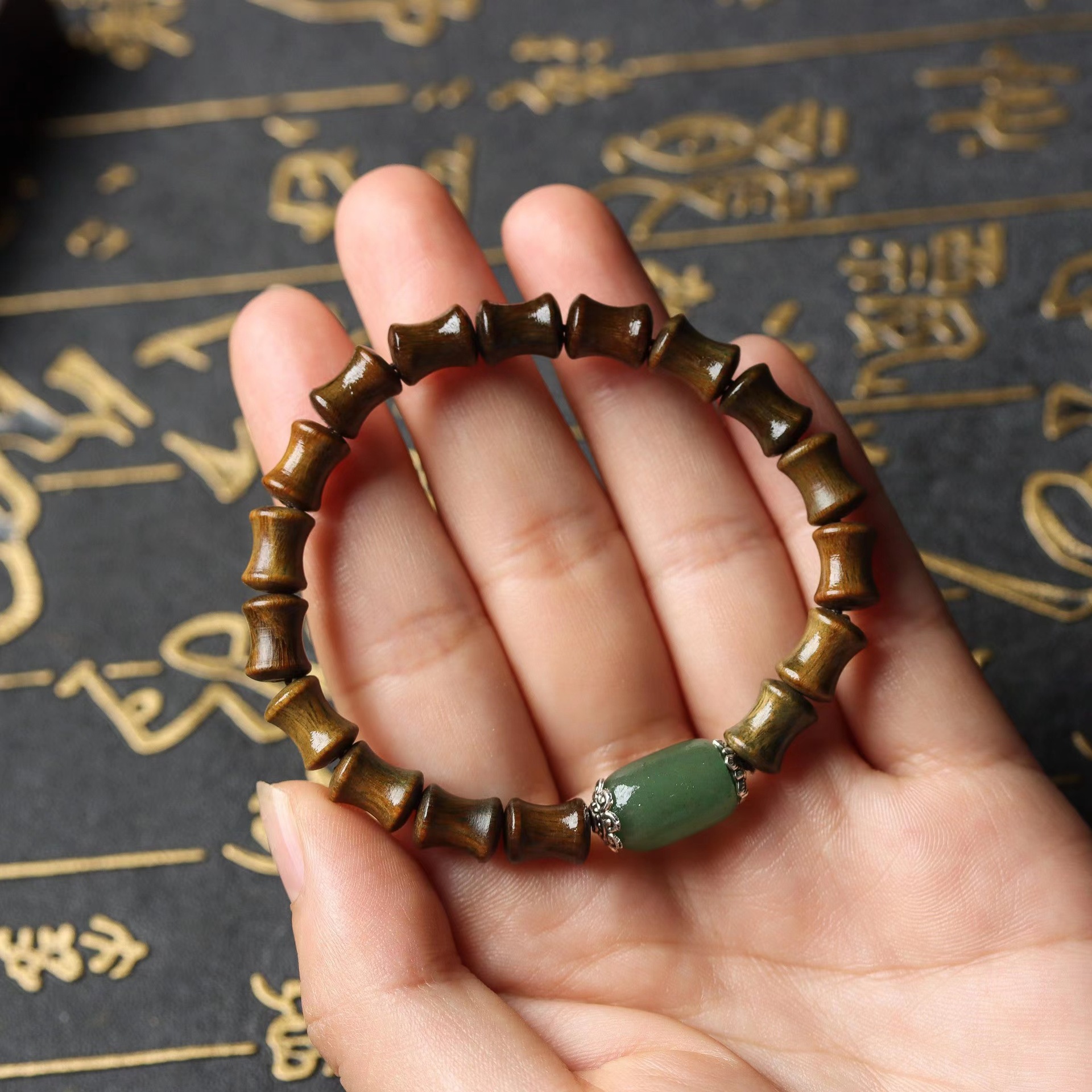 批发精品绿檀木搭绿珠子男女文玩手串寓意节节高升手串直播爆款