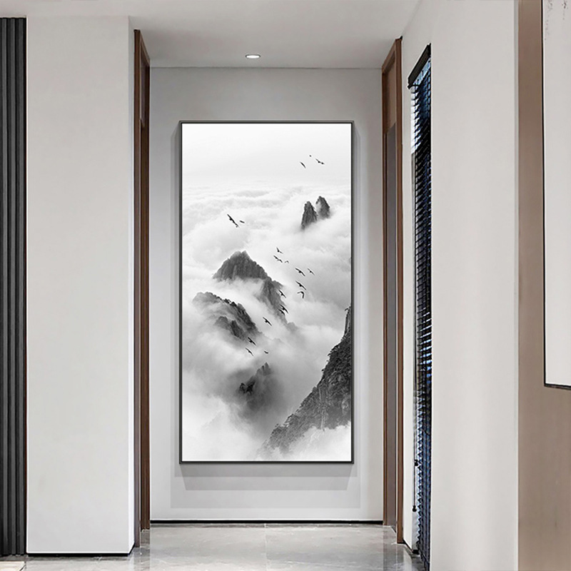 江南水墨新中式玄关装饰画山水画走廊背景墙壁画禅意黑白水墨挂画