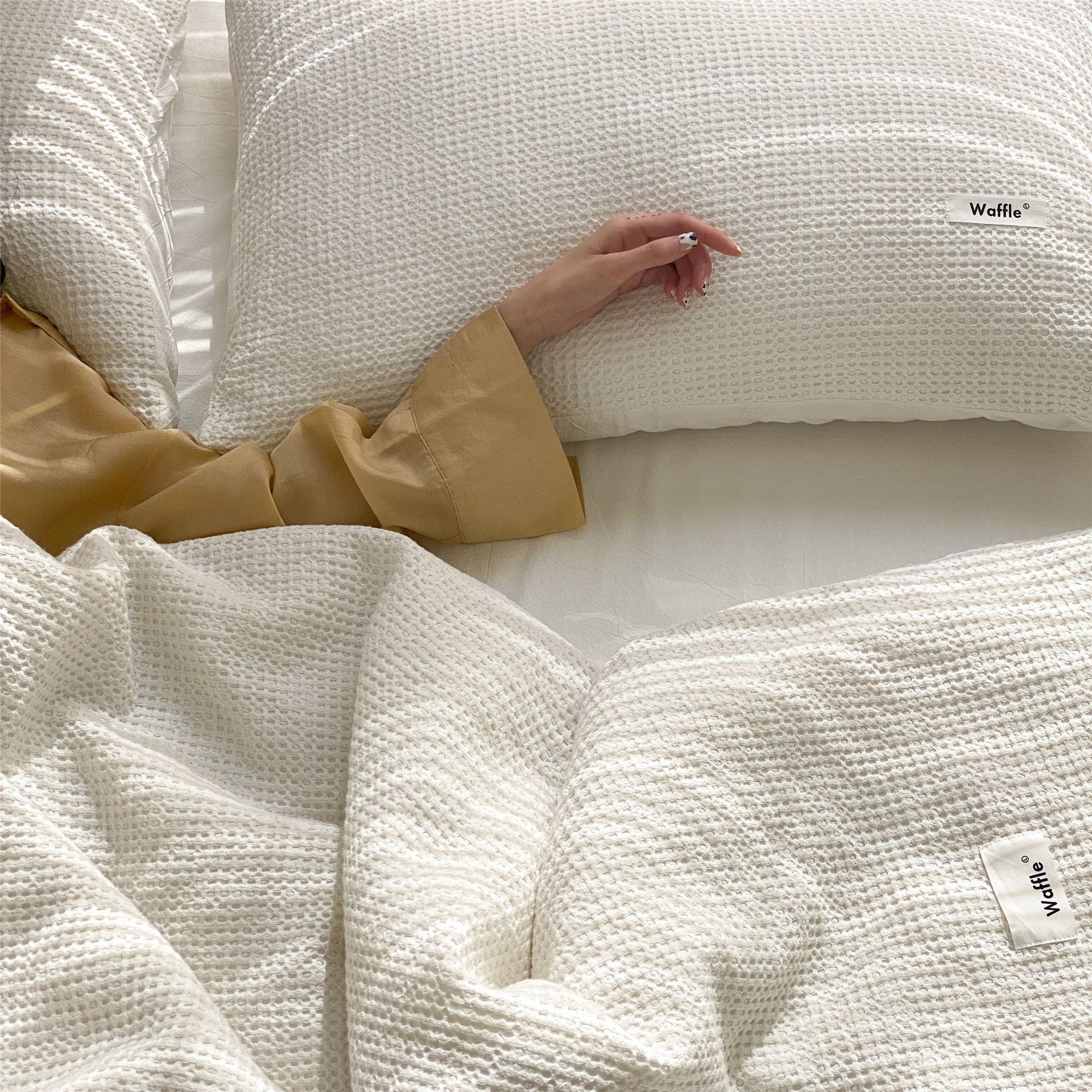 简约北欧ins床上用品棉华夫格床单四件套被套床单1.8m床双人纯色