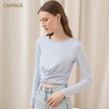 CANVAUS秋季新款纯棉通勤扭结时尚打底衫纯色长袖圆领百搭女装