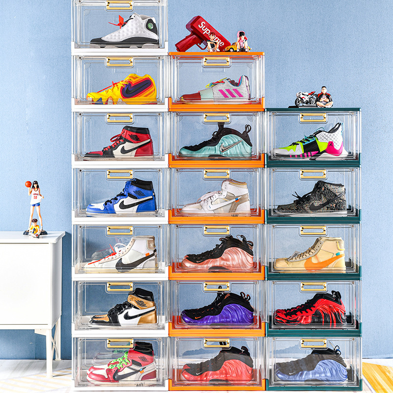 Foldable New Multi-Layer Transparent Shoe Box Air Jordan Sneakers Storage Box Side Open Anti-Oxidation Internet Celebrity Collect Shoes Wall Magnetic Suction