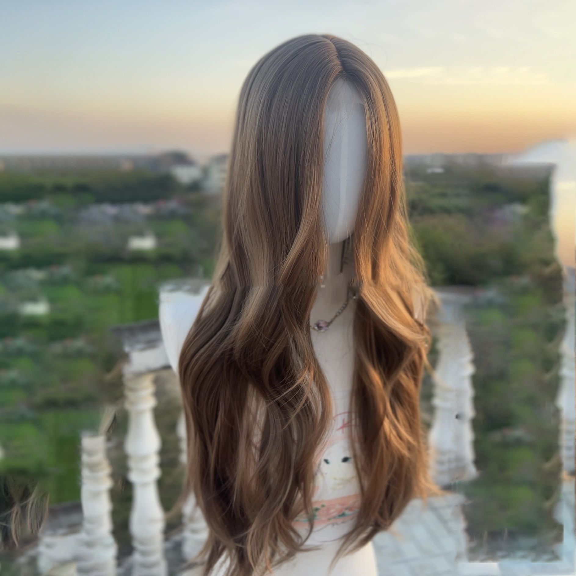 假发女时尚亚麻色前额蕾丝长卷发蓬松大波浪中分假发女全头套现货