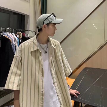 条纹衬衫男短袖夏季韩版潮流痞帅半袖衬衣港风ins日系五分袖外套