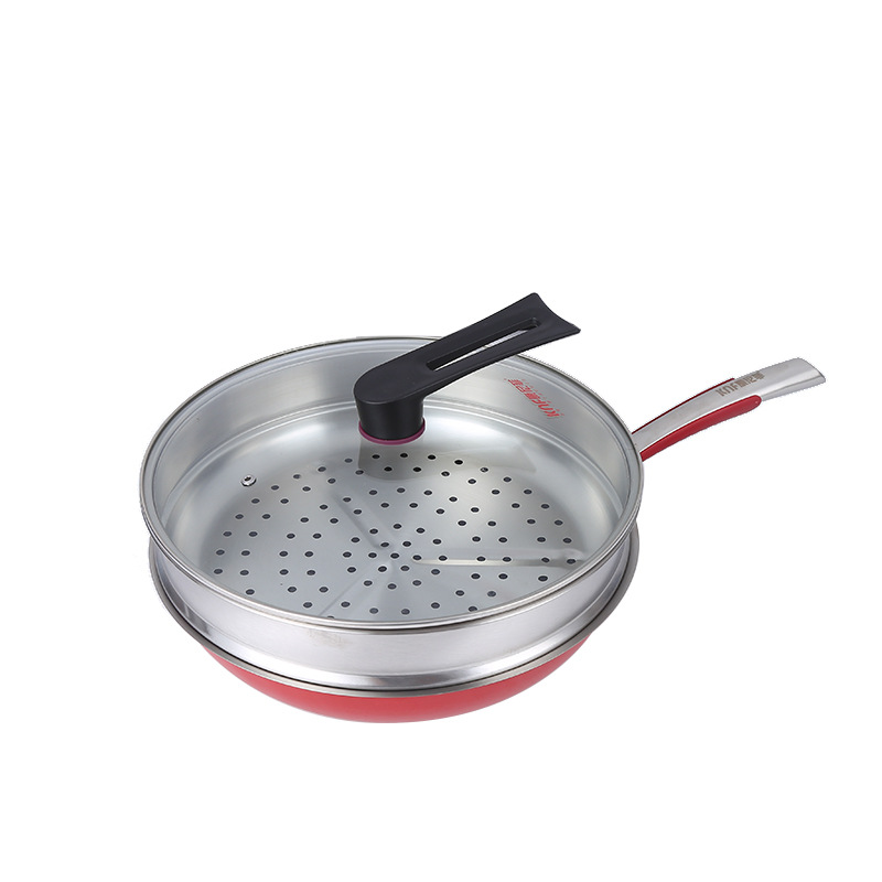 康尼菲不锈钢炒锅微油烟单面蜂窝不粘锅带蒸笼电磁煤气通用炒菜锅
