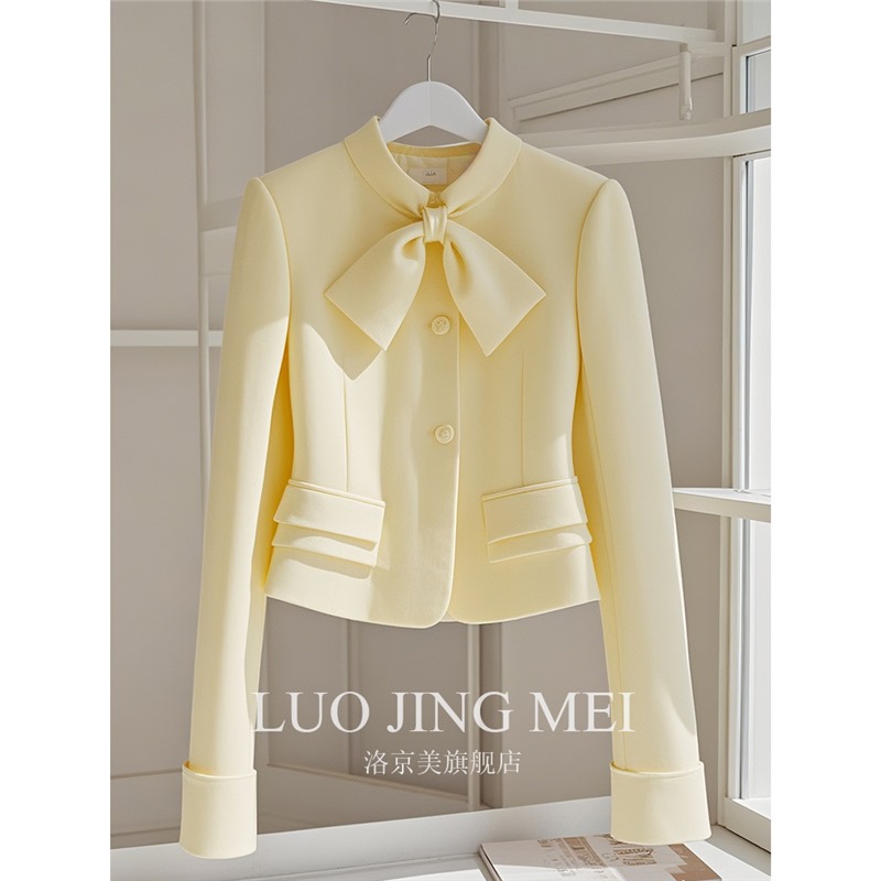 深圳南油奶黄色蝴蝶结西装外套女春秋款高级感百搭小香风短款上衣