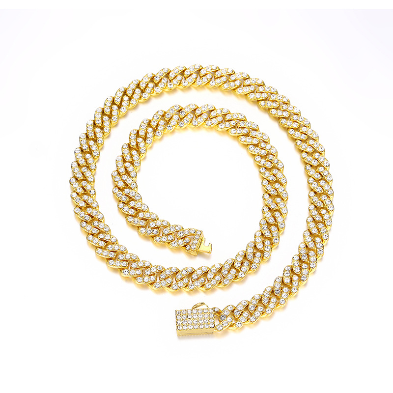 European and American Hot Products Cuban Link Chain Personality All-Match Two-Color 9mm Alloy Rhinestone Hip Hop Necklace Exclusive for Cross-Border