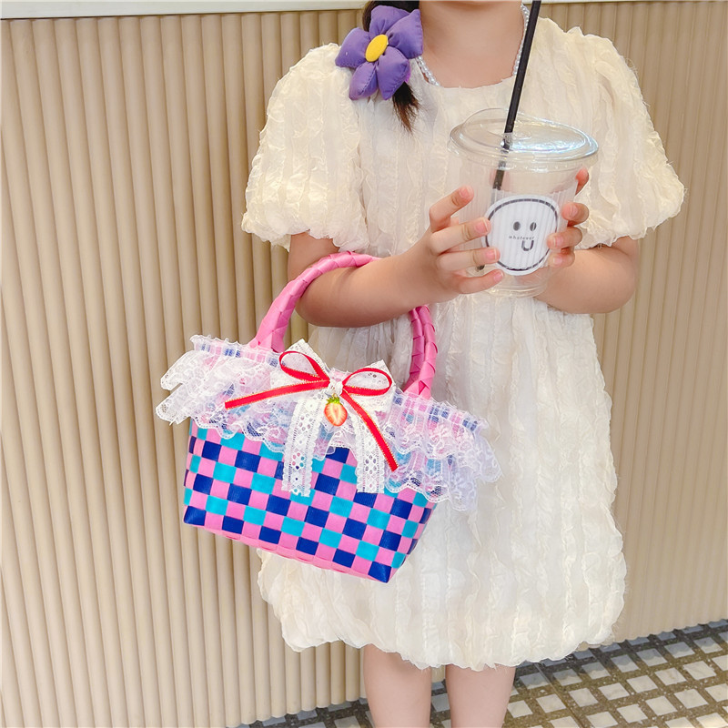 Children's Bags 2023 Summer Lace Bow Girls Shopping Basket Bag Fashionable Princess Woven Handbag Modeling Bag