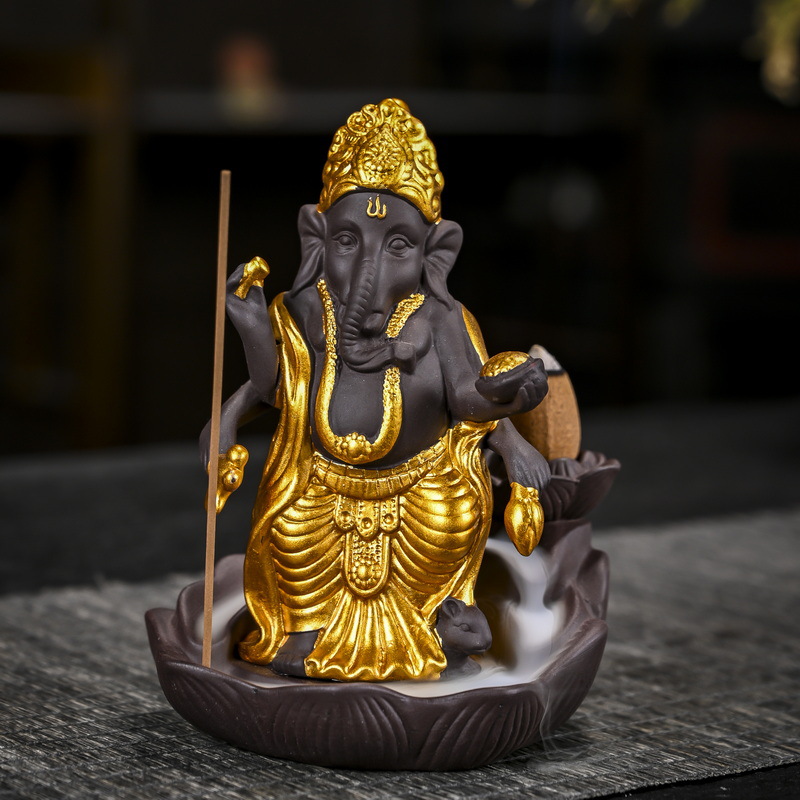 酷奇紫砂描金室内财天印度象头神迦尼萨ganesha坐莲荷花倒流香炉