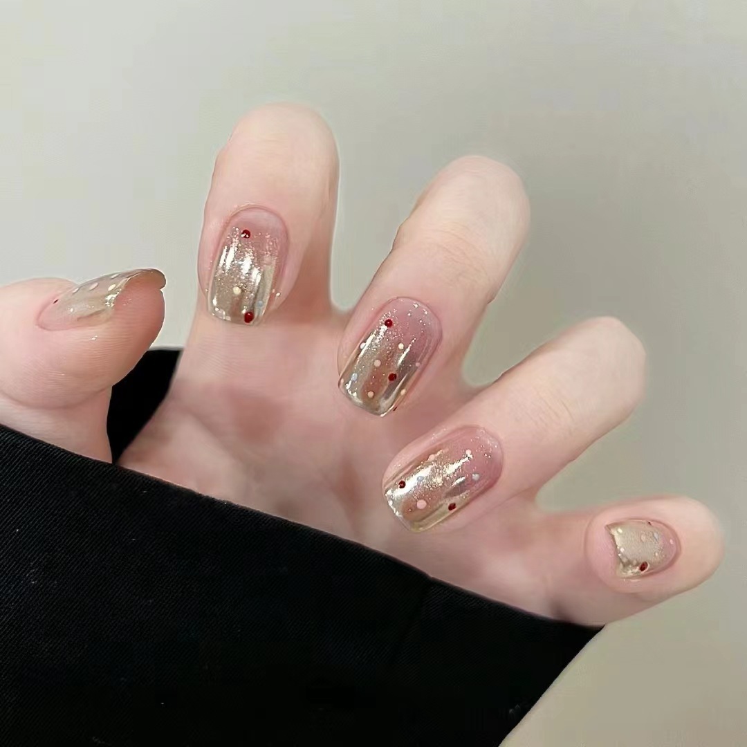 穿戴甲b851七彩点点中长梯24片美甲成品彩虹显白工厂直销一件代发