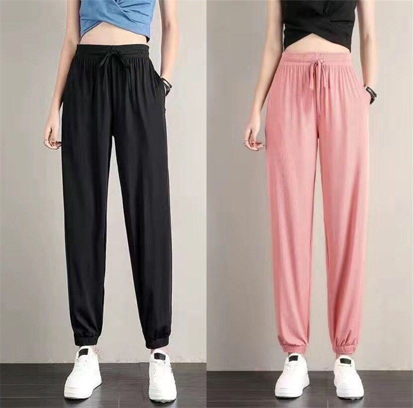 Ice Silk Sports Pants for Female Students Korean Style Loose Large Size Slimming Summer Thin Casual Sweatpants Smooth Ankle-Length Pants Women