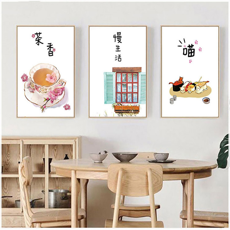 New Chinese Style Restaurant Decoration Painting Modern Minimalist Three-Piece Painting Crystal Porcelain Face Slow Living Guest Restaurant Wallpaper Background Painting