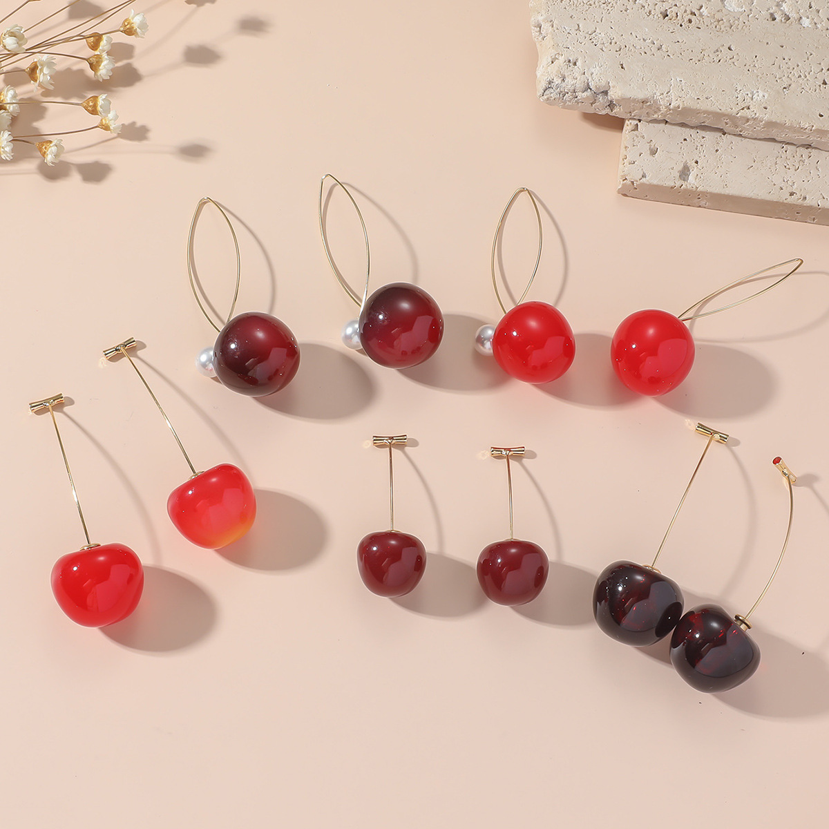 Cherry Solid Color Transparent Cherry Size Reddish Yellow Cherry Girl Heart Ins Internet Celebrity Long Pearl Earrings