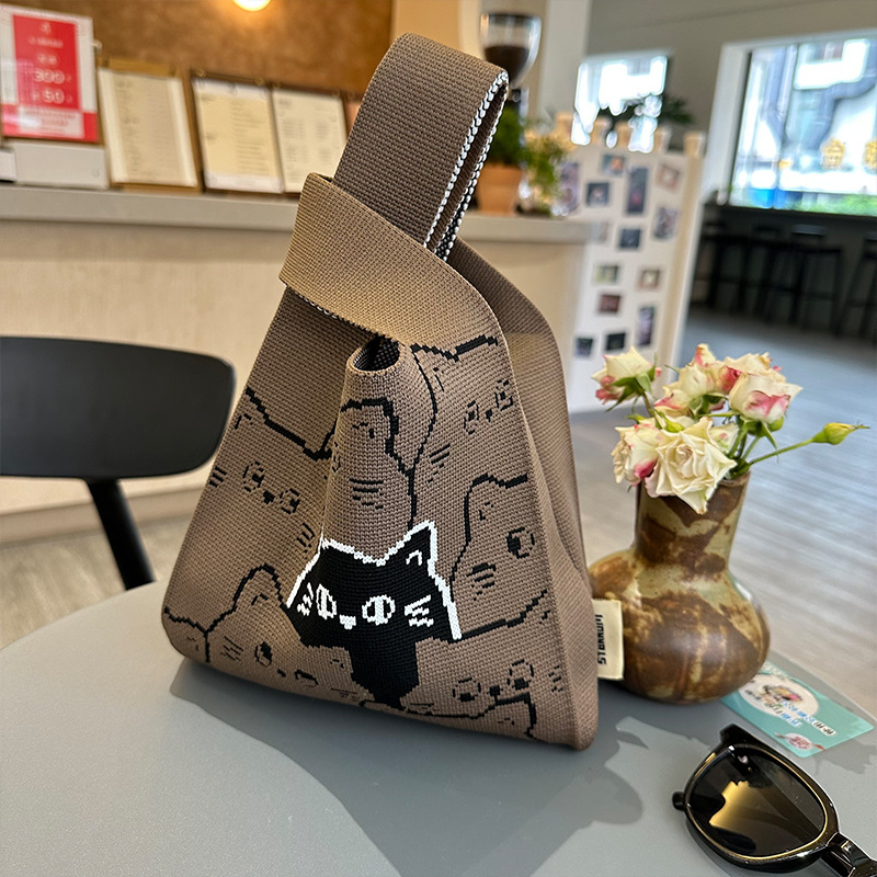 Cute Kitty Knitted Vest Handbag Cartoon Convenient Vest Handbag Wrist Bag Work Commuter Bag