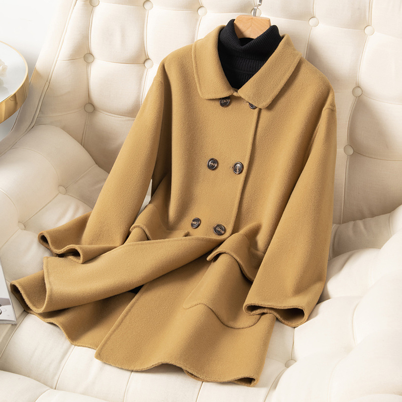 2023秋冬季新款羊毛大衣气质女宽松双排扣中长款式娃娃领呢子大衣