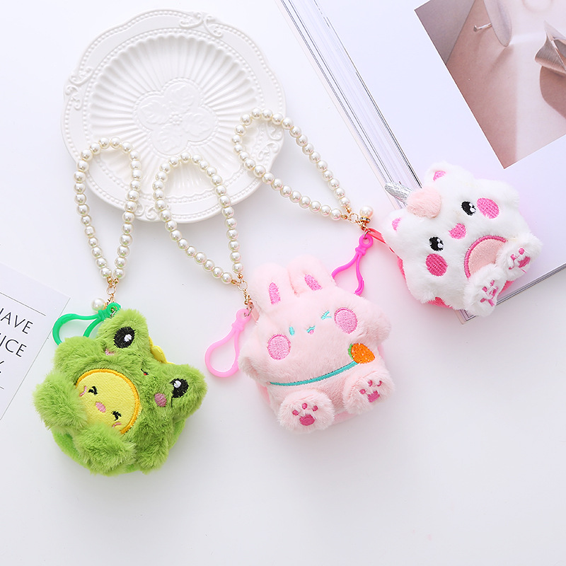Korean Plush Animal Doll Keychain String of Pearls Coin Purse Bag Charm Accessories Female Cute Pendant Small Gift