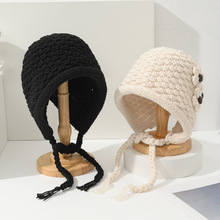 韩版绑带针织帽冬季保暖护耳帽子女手工编织花朵套头帽网红时尚帽