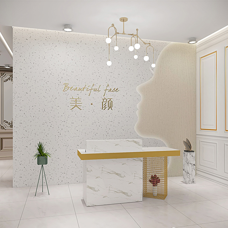 轻奢风美容院大厅墙纸美甲店前台logo造型墙壁纸美发店大理石墙布