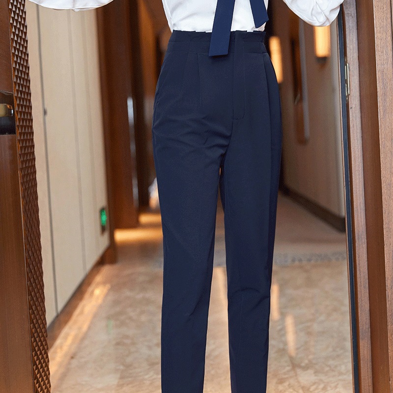 宝蓝色高腰直筒裤女春秋时尚斜插口袋大码通勤休闲正装西装工作裤