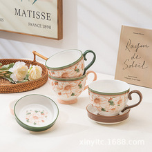 淡雅山茶花陶瓷马克杯创意早餐杯一杯两用家用喝水杯高颜值咖啡杯