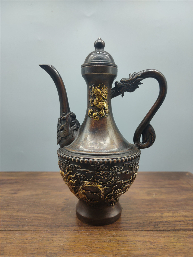 黄铜龙凤酒壶摆件紫铜色鎏金酒壶家居办公仿古做旧工艺品商务礼品