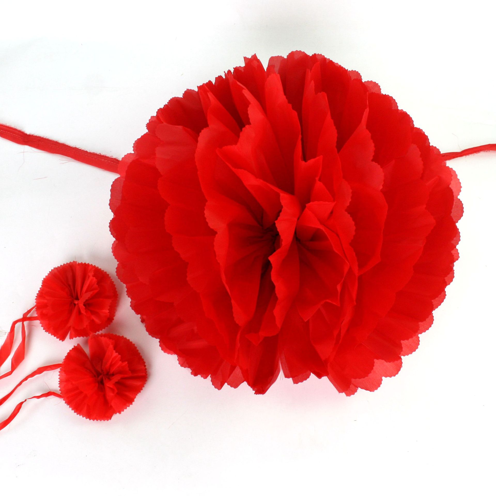 清明节墓碑大红花祭祀扫墓花手绑红色花球墓地石狮子花红绸子布花