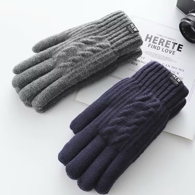 新款毛线手套针织加绒加厚触屏冬季骑行防寒保暖防风全指冬天手套