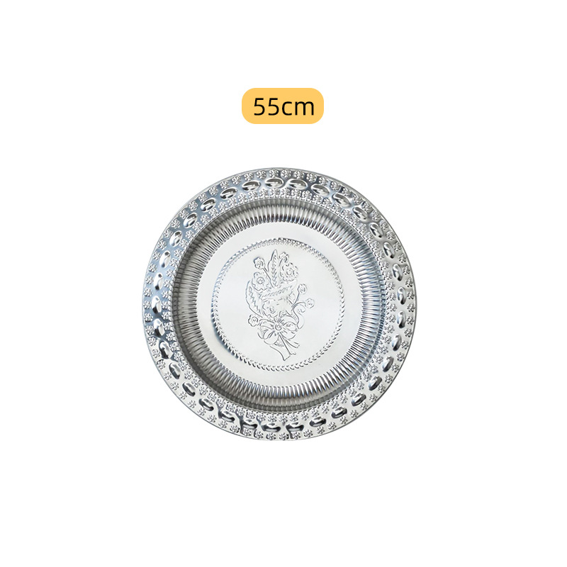 Hz70 Pearl Flower Disk Stainless Steel Embossed Thai round Tray Hotel Restaurant Multi-Purpose Dish Craft Plate Wholesale