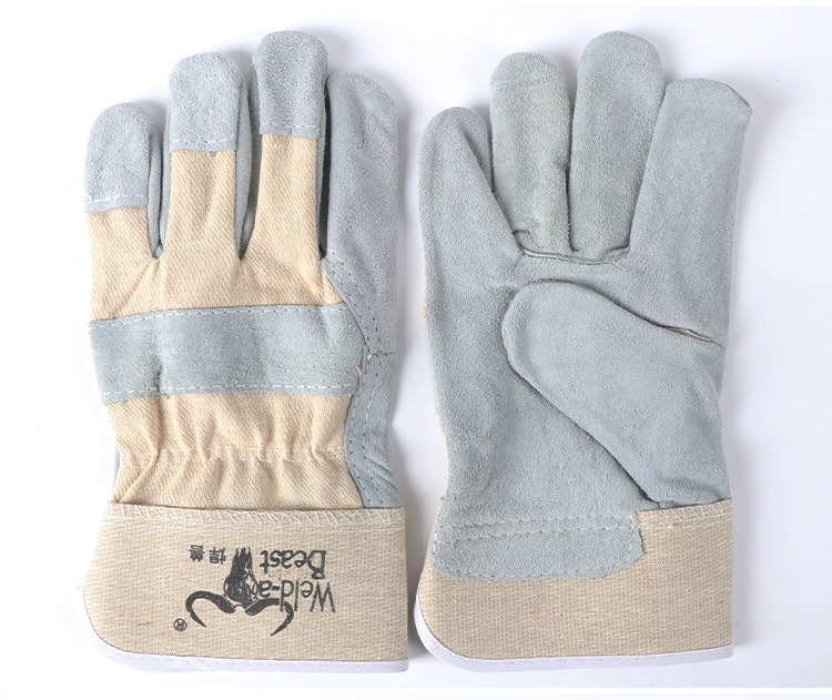 Factory Direct Sales Welding Beast Short Half Leather Gloves White Cloth Two-Layer Natural Color Cowhide Leather Patchwork Short Welder Gloves