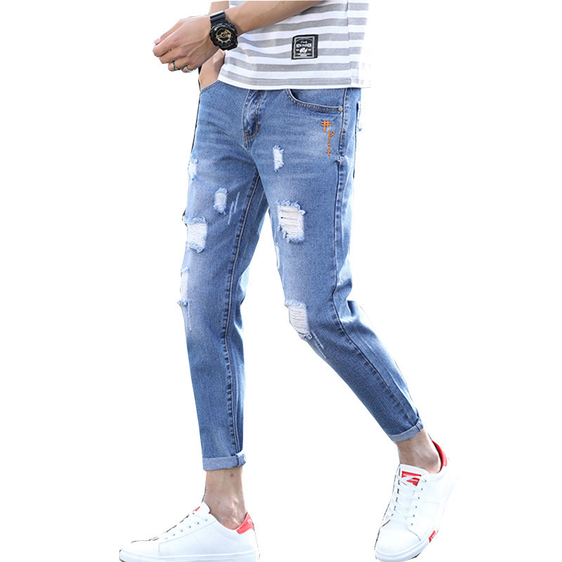 Ripped Cropped Jeans Men Fashion Brands Slim Fit Skinny Spring and Summer Beggar ong Pants Men's Korean Style Trendy All-Matching