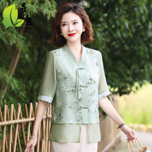 新中式妈妈装小衫时尚中老年人薄款上衣中年女夏季短袖复古衣服女