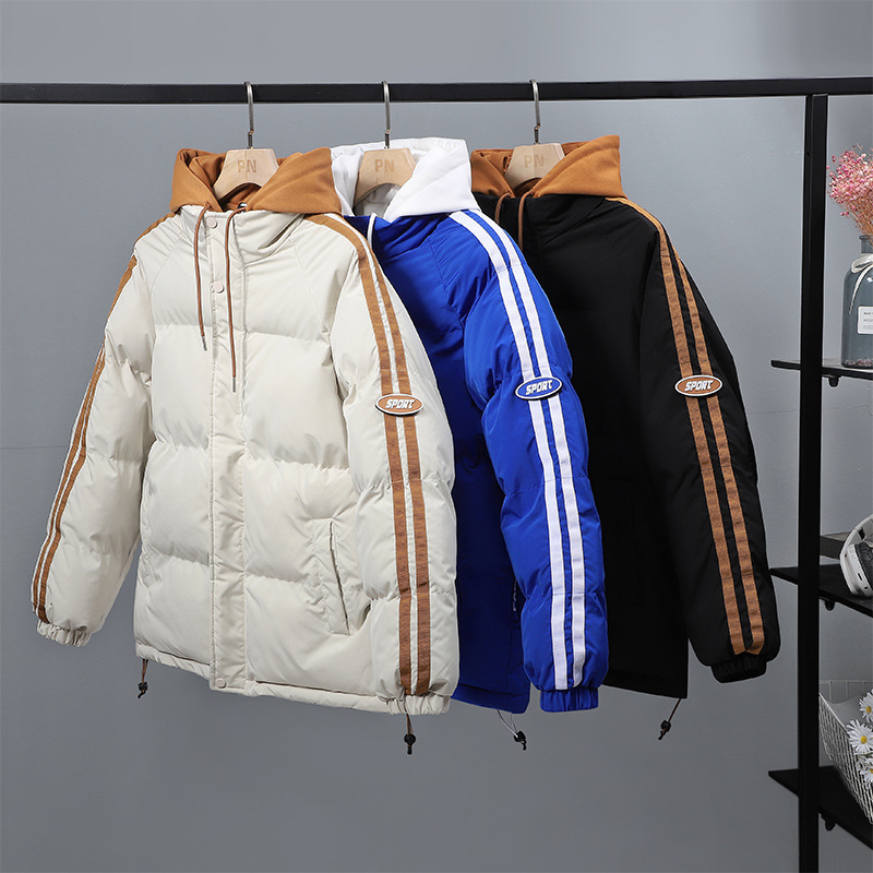 Japanese and Korean Cotton Clothes Men's Autumn and Winter Fake Two-Piece Youth plus Cotton Thick Warm Quilted Jacket Jacket Amazon