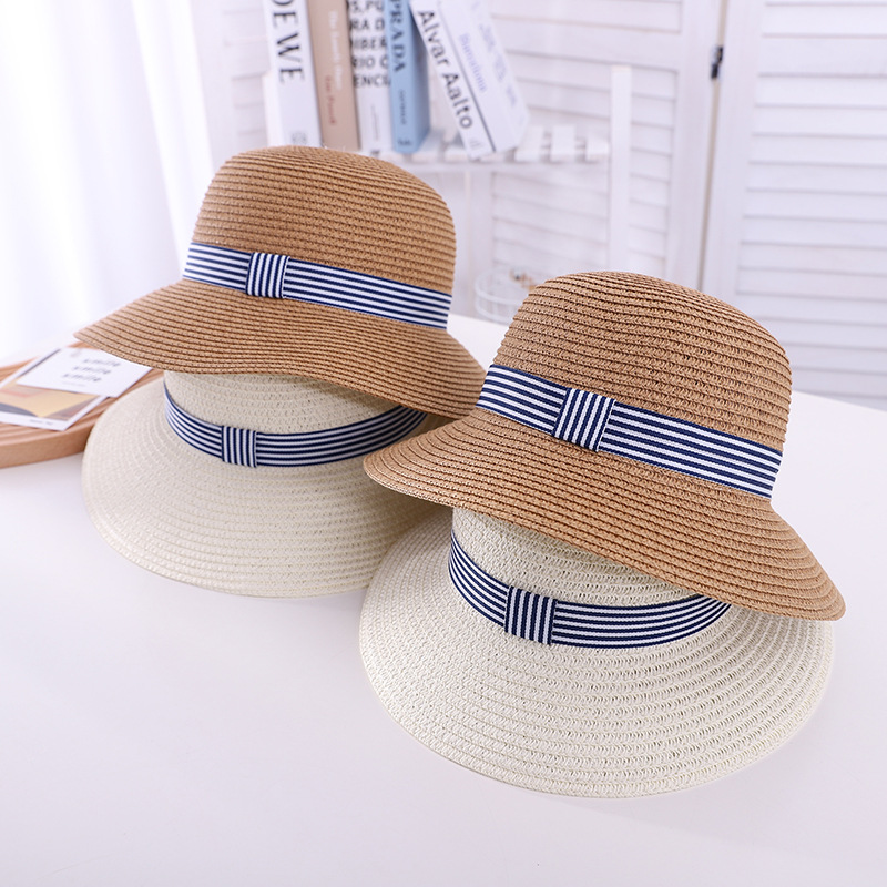 New Children's Basin Hat Boys and Girls Summer Parent-Child Straw Hat Small Fresh Bow Children Beach Sun Hat