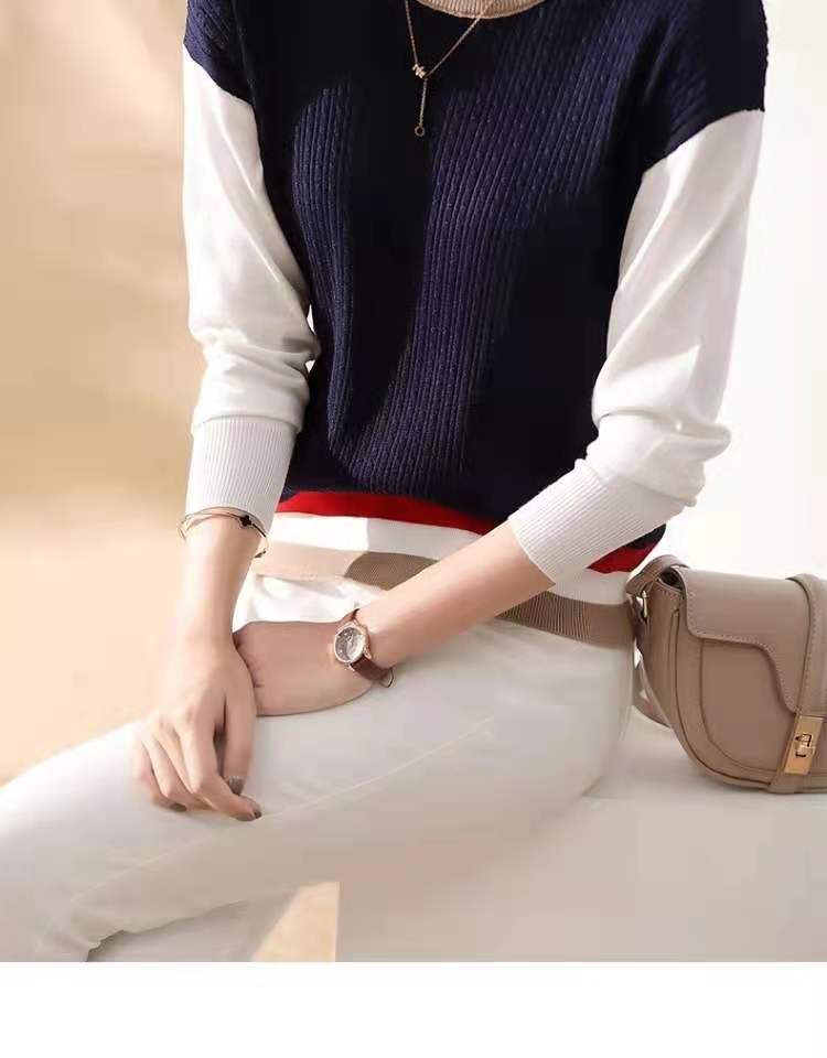 canary kiss拼色外穿针织衫女2021新款气质圆领长袖宽松百搭上衣