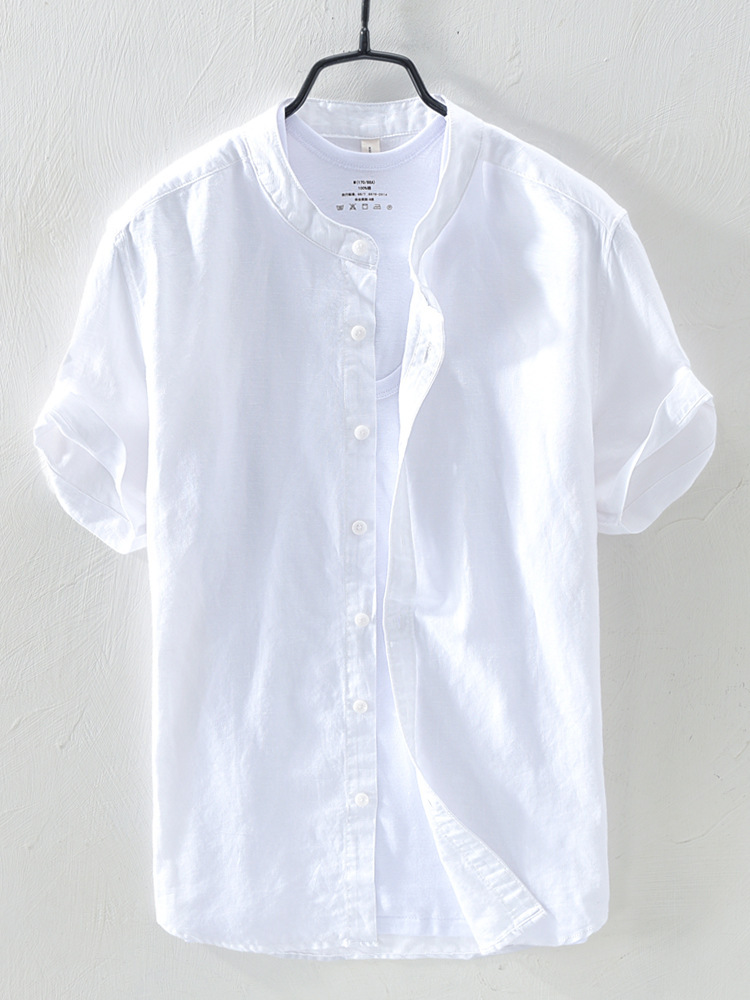 中国风棉麻衬衫2023款欧美ebay棉麻男士纯色立领单排扣短袖衬衣男
