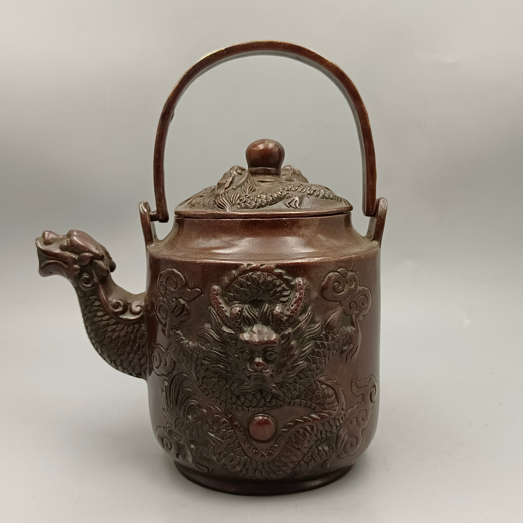 仿古龙戏珠铜酒壶提梁壶 古玩铜器收藏铜摆件 家居装饰工艺品批发