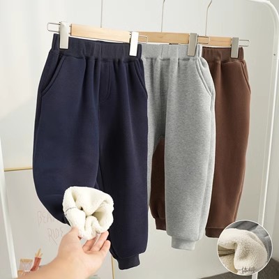 Fleece-lined Thick Solid Color Children's Sweatpants Kids' Sports Pants Western Style Winter Girls' Sweatpants Children and Teens Pants Boys