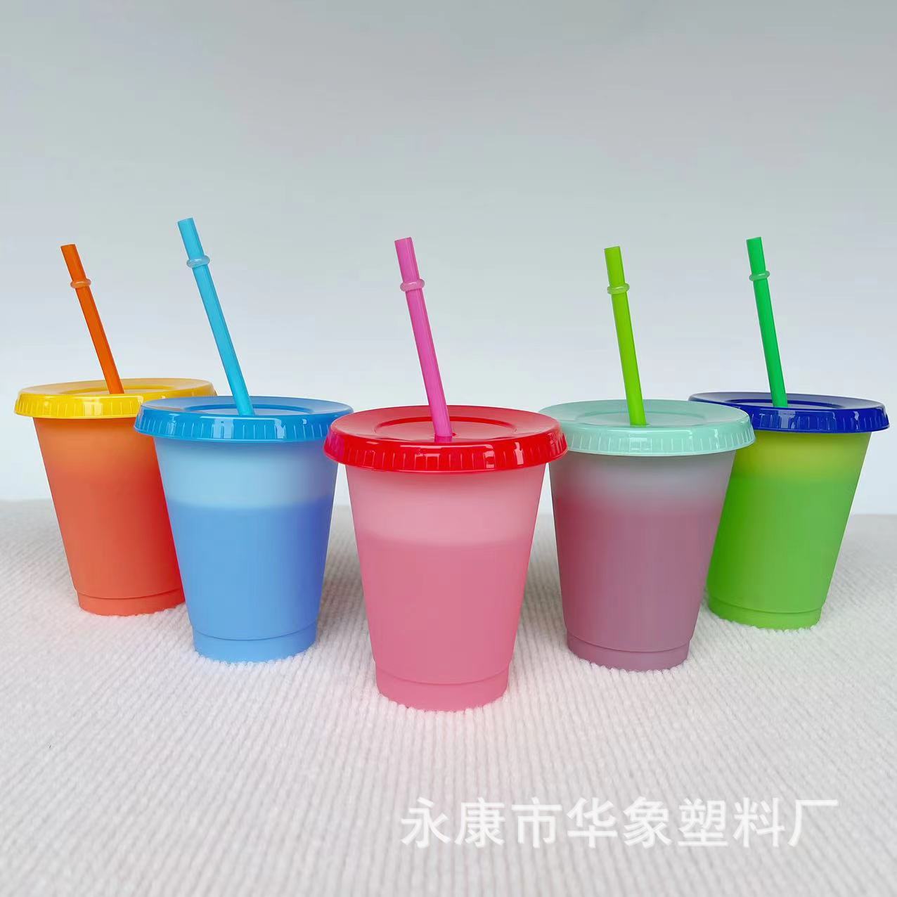 Cross-Border Hot Pp Temperature-Sensitive Plastic Color Changing Cup 16Oz Straw Cup Cold Color Changing Cycle Use Can Be Customized Logo