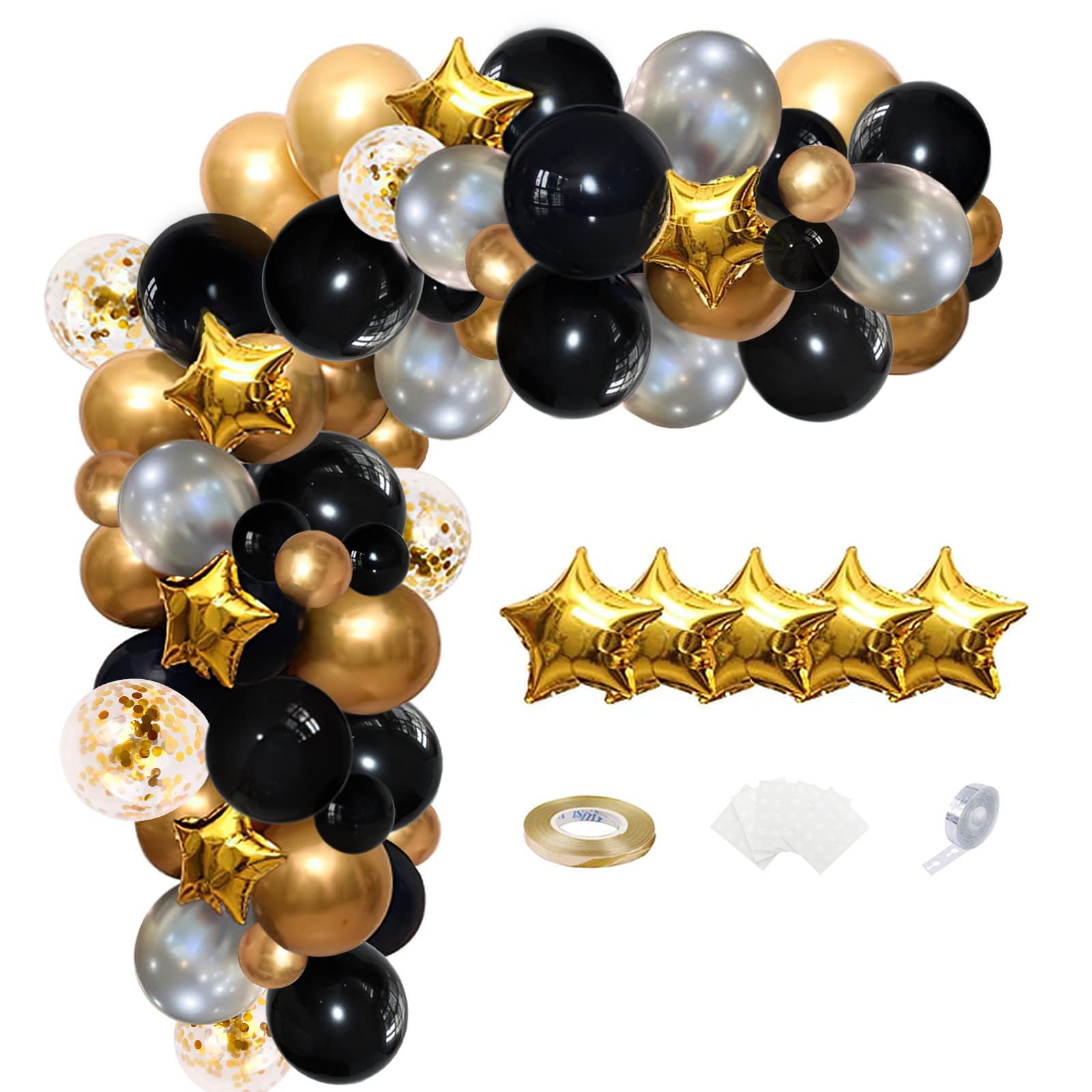 亚马逊热卖黑金气球套装金色五角星银色亮片气球生日婚礼派对装饰