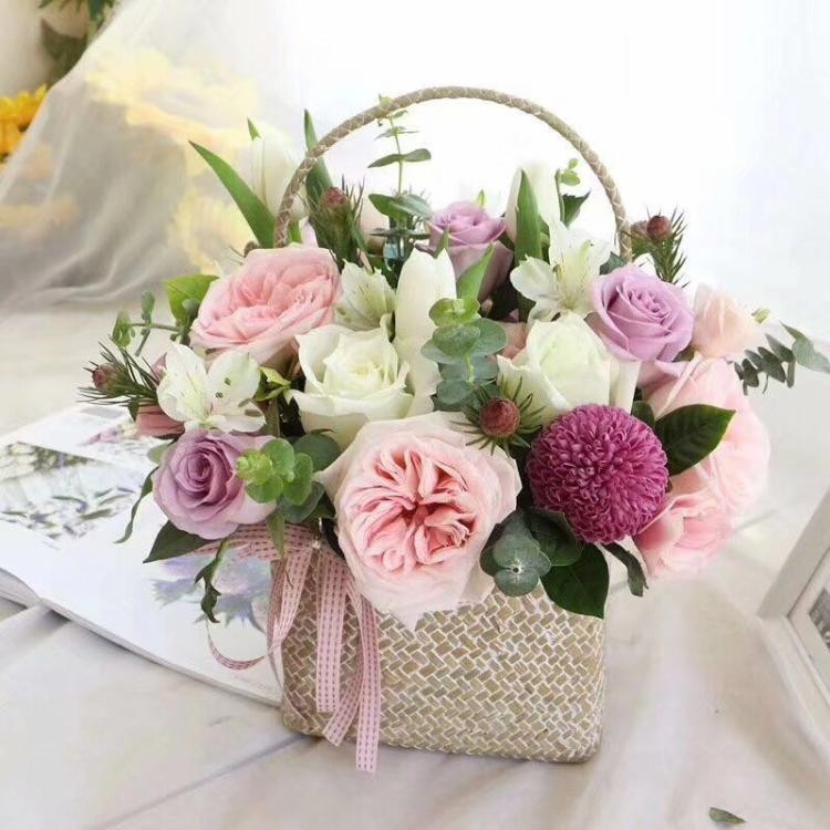 018s海草编织提手花篮伴手礼礼篮 清明劳动节提手篮花艺插花篮子