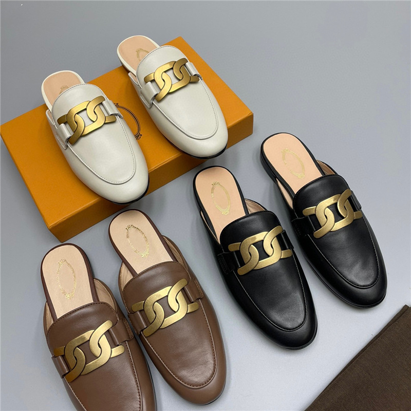 鼎板土豆丝2023年新款金属链条扣饰平底穆勒鞋包头拖鞋半拖乐福鞋