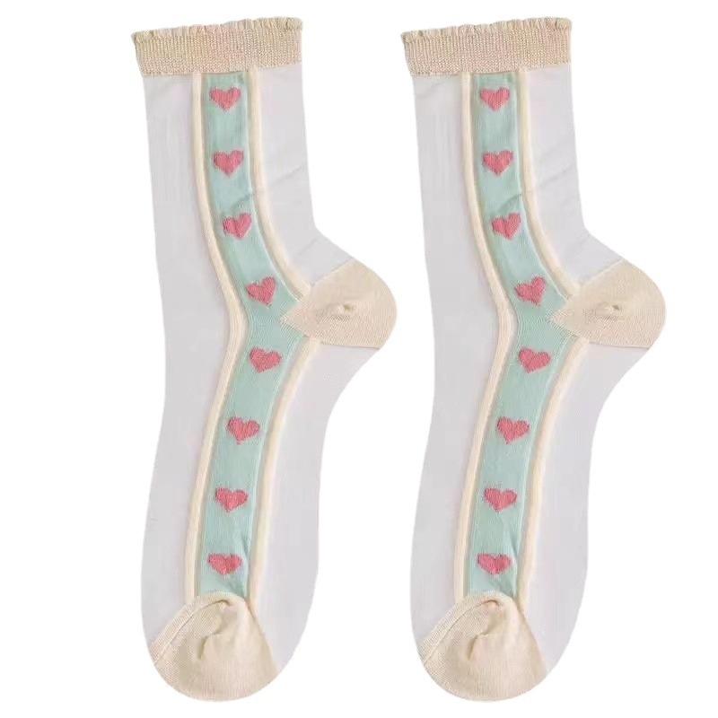 Green-Blue Light Color Socks Transparent Spun Glass Tube Socks Spring and Summer Thin Cute and All-Match Breathable Bunching Socks Women