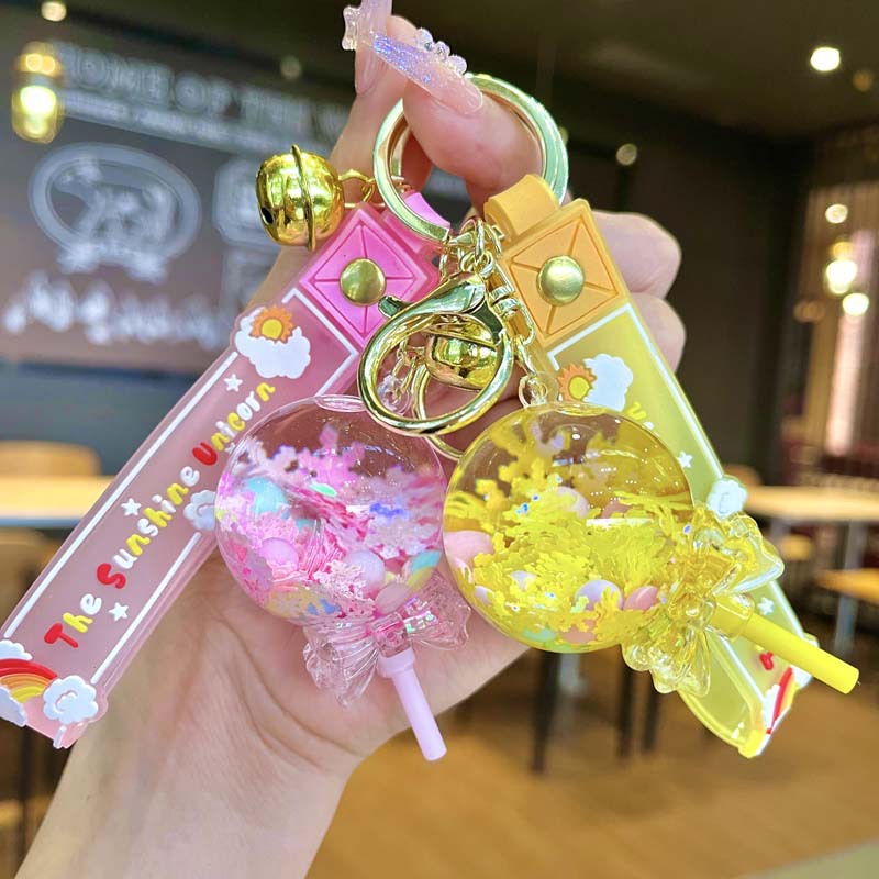 Cartoon Oil Floating Quicksand Bottle Acrylic Keychain Car Key Ring Pendant Wholesale Little Creative Gifts