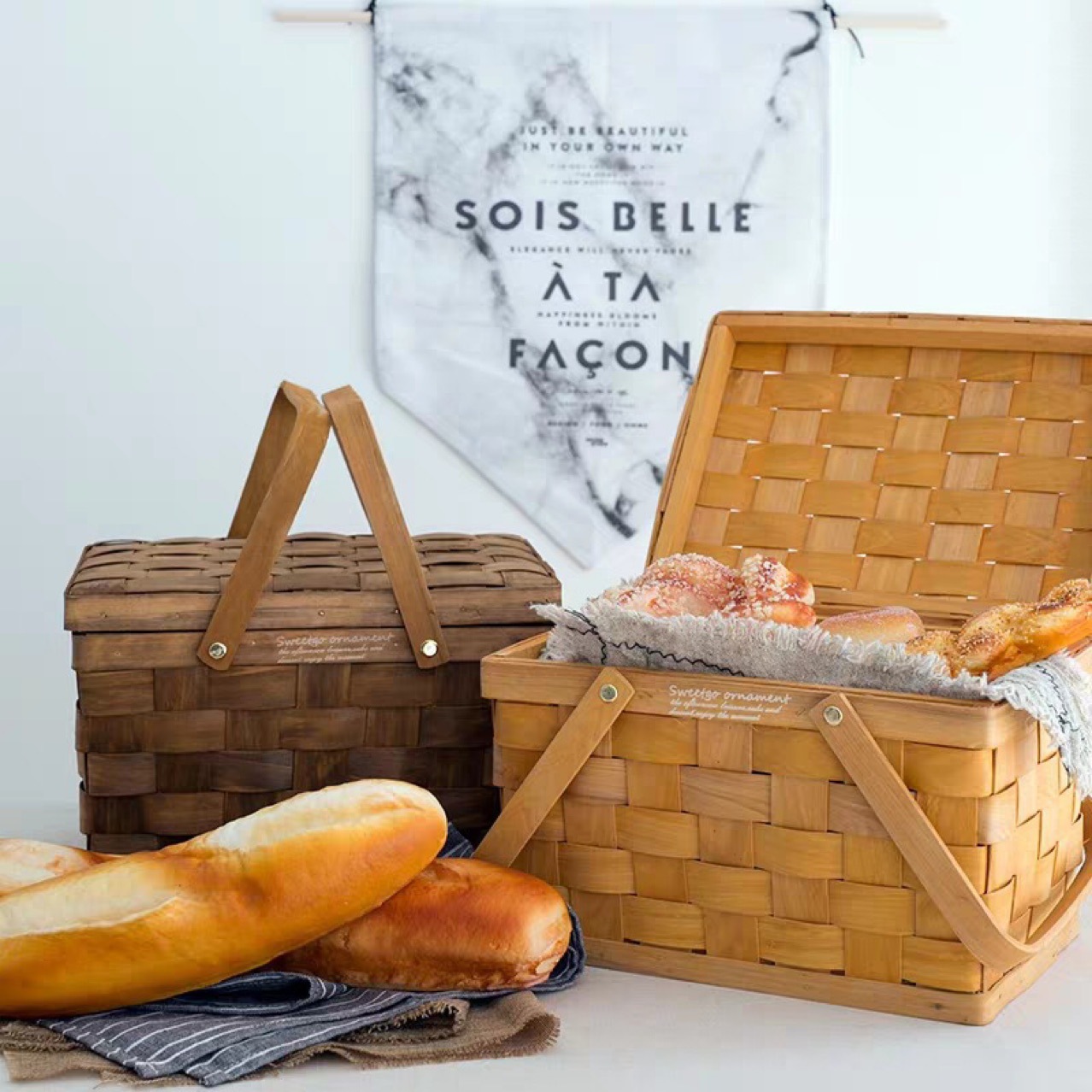 Bamboo Basket Knitted Basket High-Profile Figure Picnic with Lid Handmade Wood Woven Fruit Cabas Bread Basket Factory Direct Supply