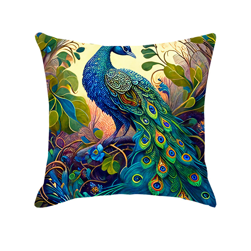Amazon Light Luxury Oil Painting Peacock Printings Linen Pillow Cover Home Sofa and Bed Cushions Car Cushion Wholesale